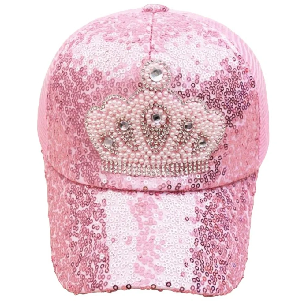 Girls Princess Diamond Pearl Shimmer Snap Back Summer Cap W/Breathable Mesh Pink - Picture 1 of 5